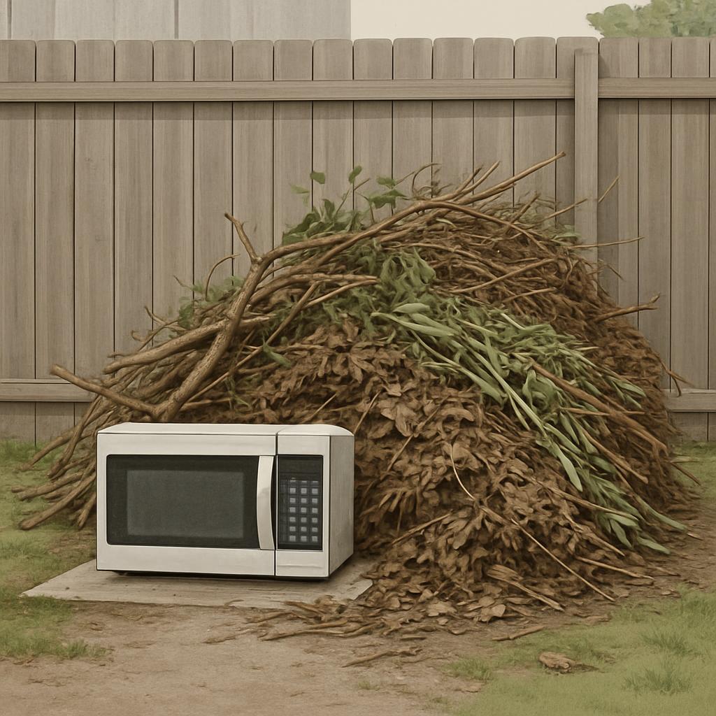A large pile of leaves and twigs sits beside a microwave in a backyard.